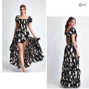 Free People Black and Cream Floral Hi-Lo Maxi Dress